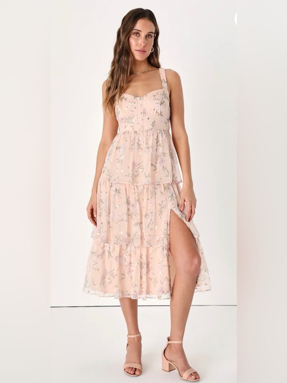 Lulus Stunning Sweetheart Blush and Gold Floral Tiered Midi dress Sz XS